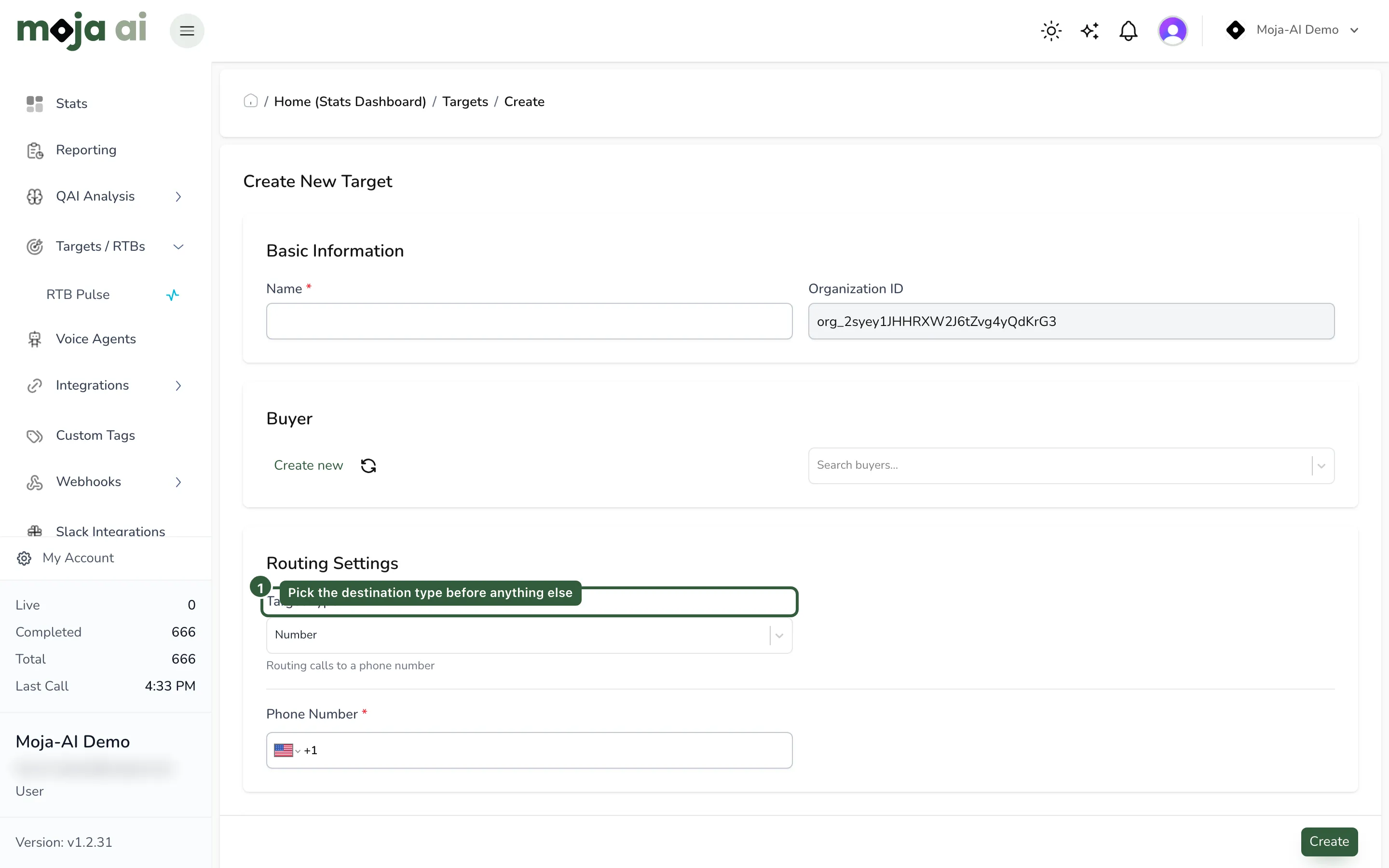 Targets / RTBs → Targets → Create New, target type selector