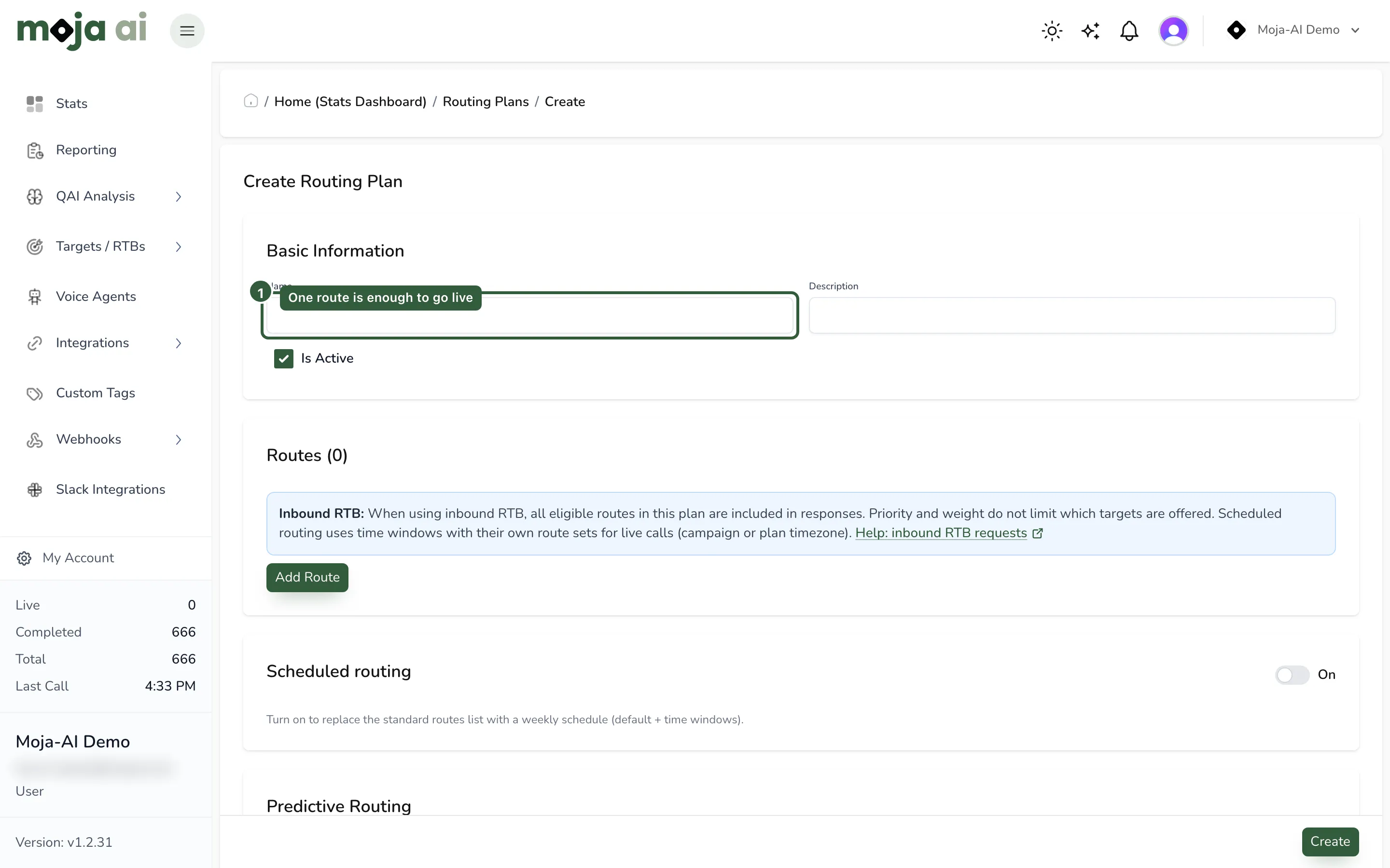 Routing Plan → Create New with a single route selected