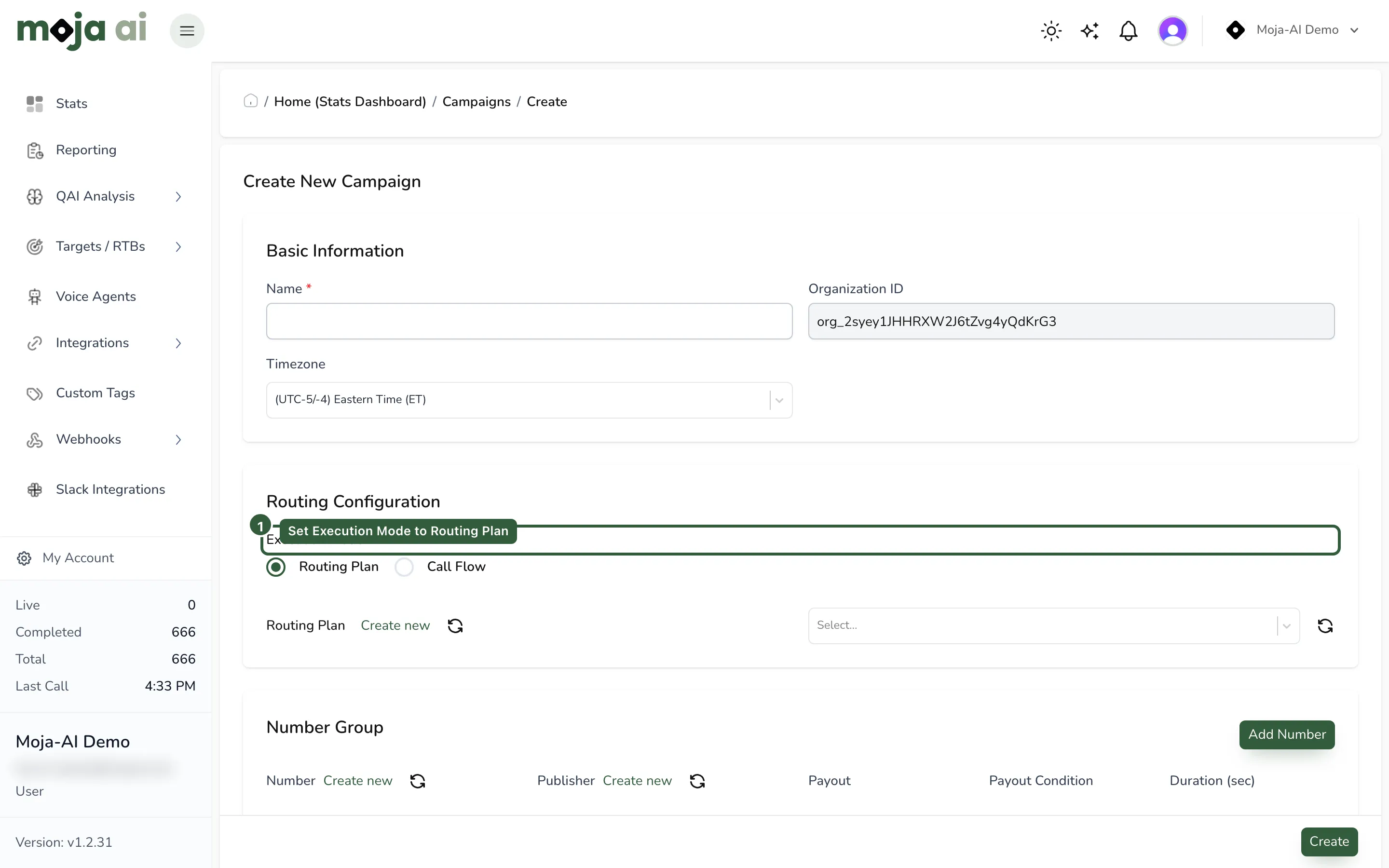Campaigns → Create New, Execution Mode set to Routing Plan