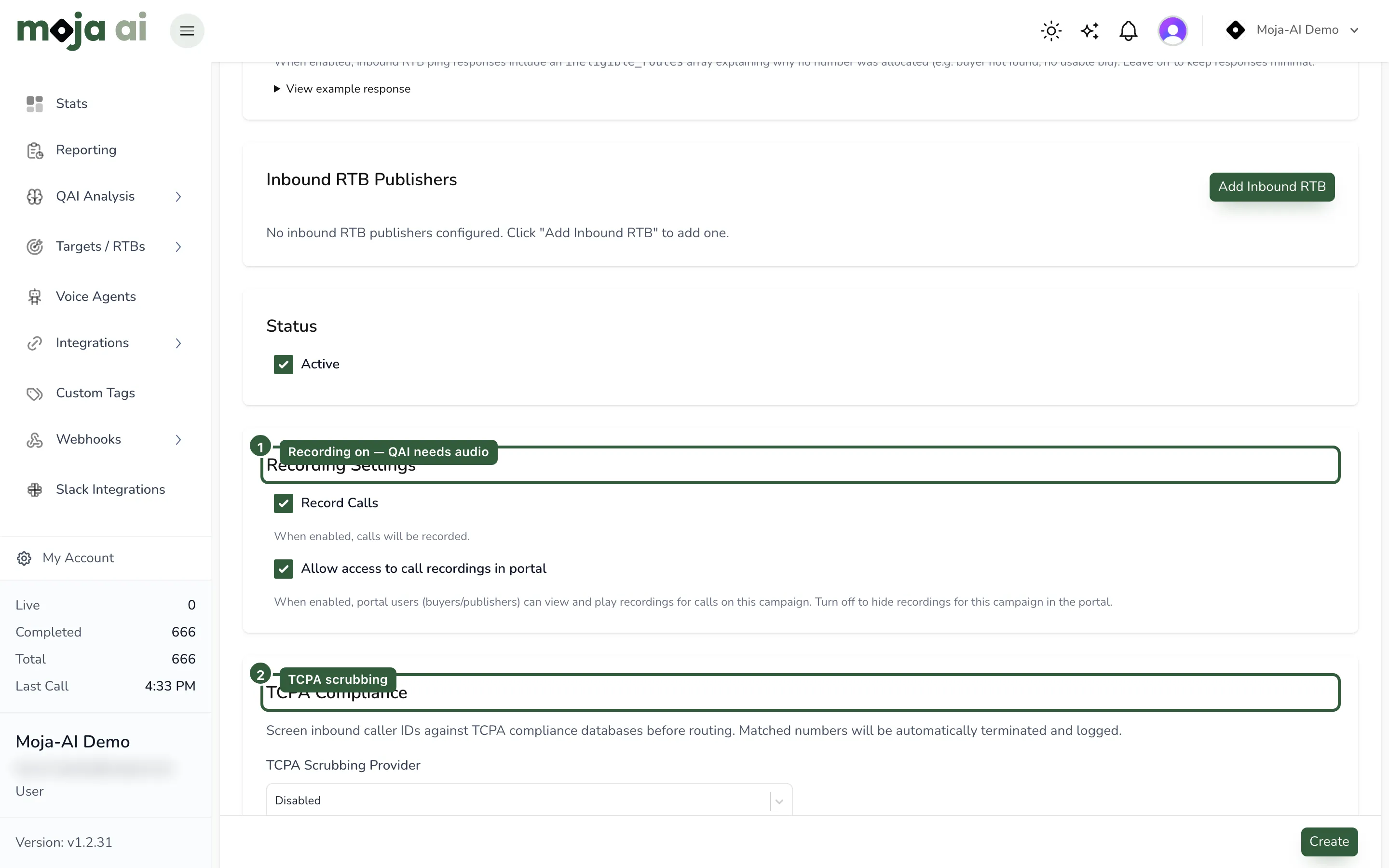 Campaign status, recording, and TCPA scrubbing panel