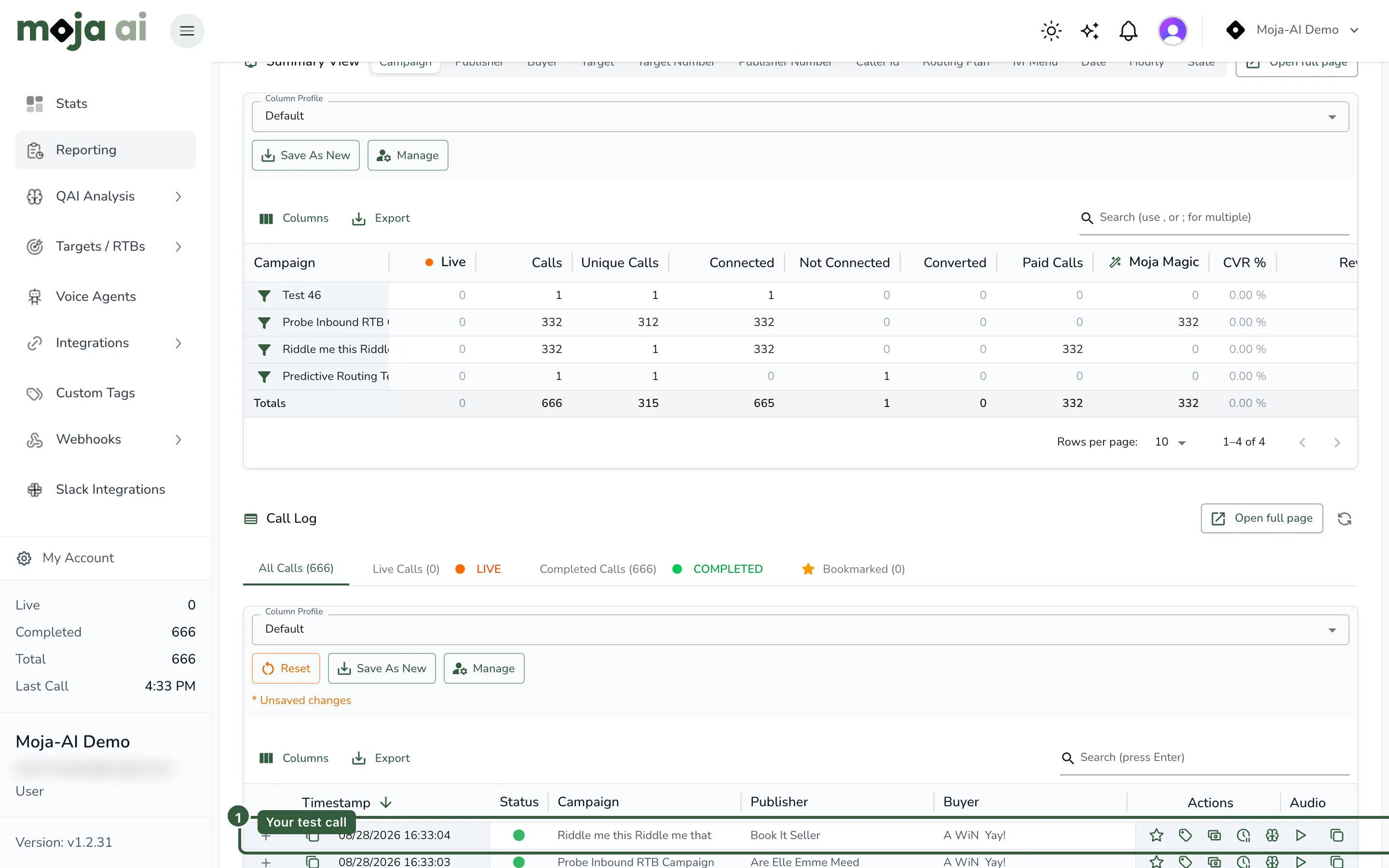Call log row for the test call with campaign and payout columns visible