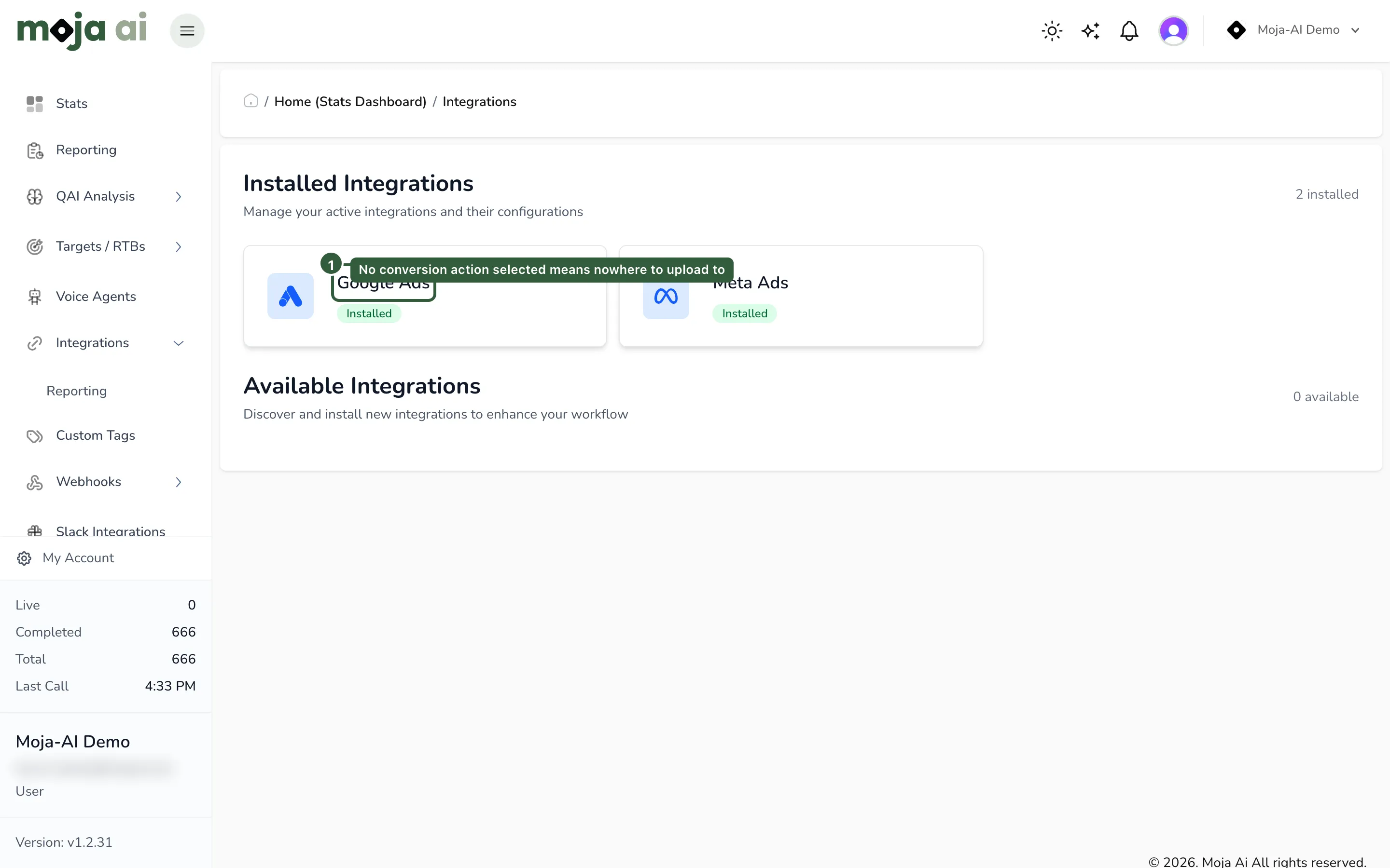 Integrations (Beta) → Installed Integrations, Google Ads card with conversion action selector