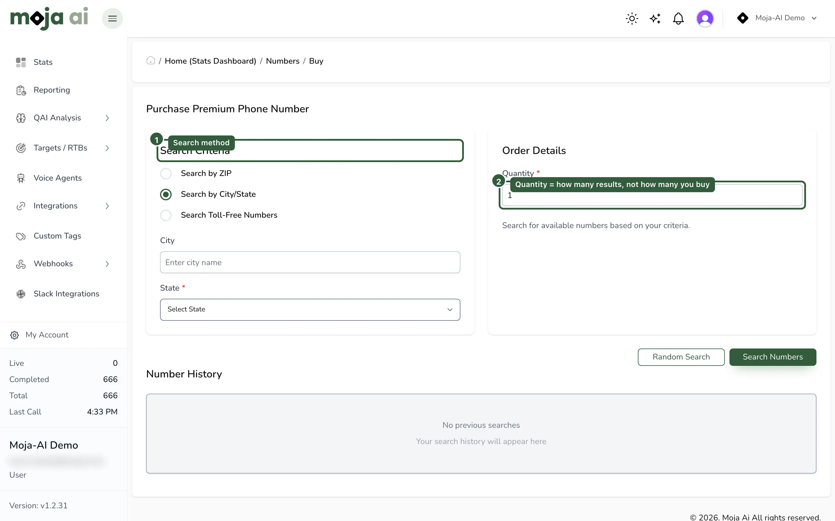 Buy Numbers search panel with method selector, criteria, and quantity