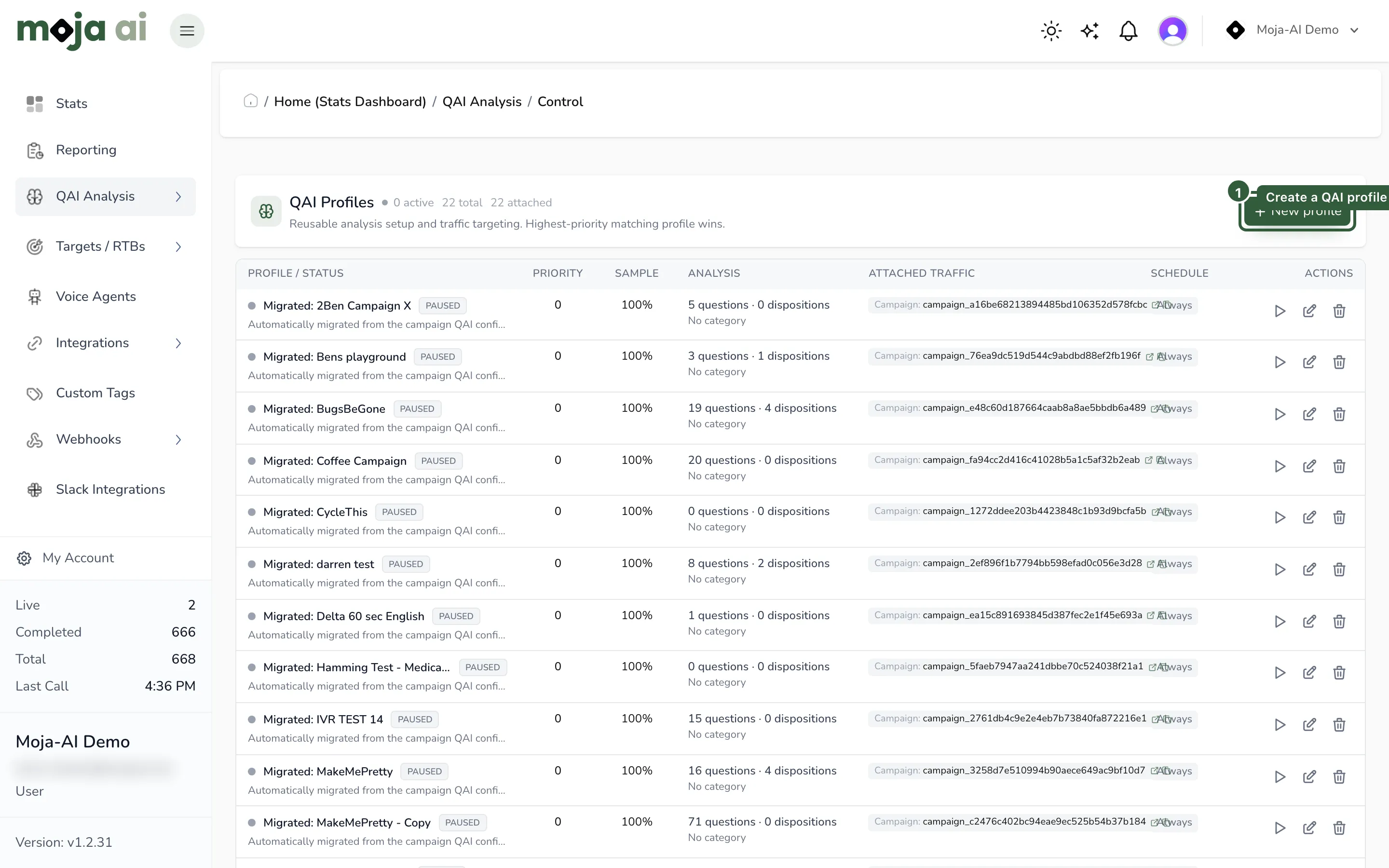 QAI Analysis → Control, new profile form with attachments and sample rate