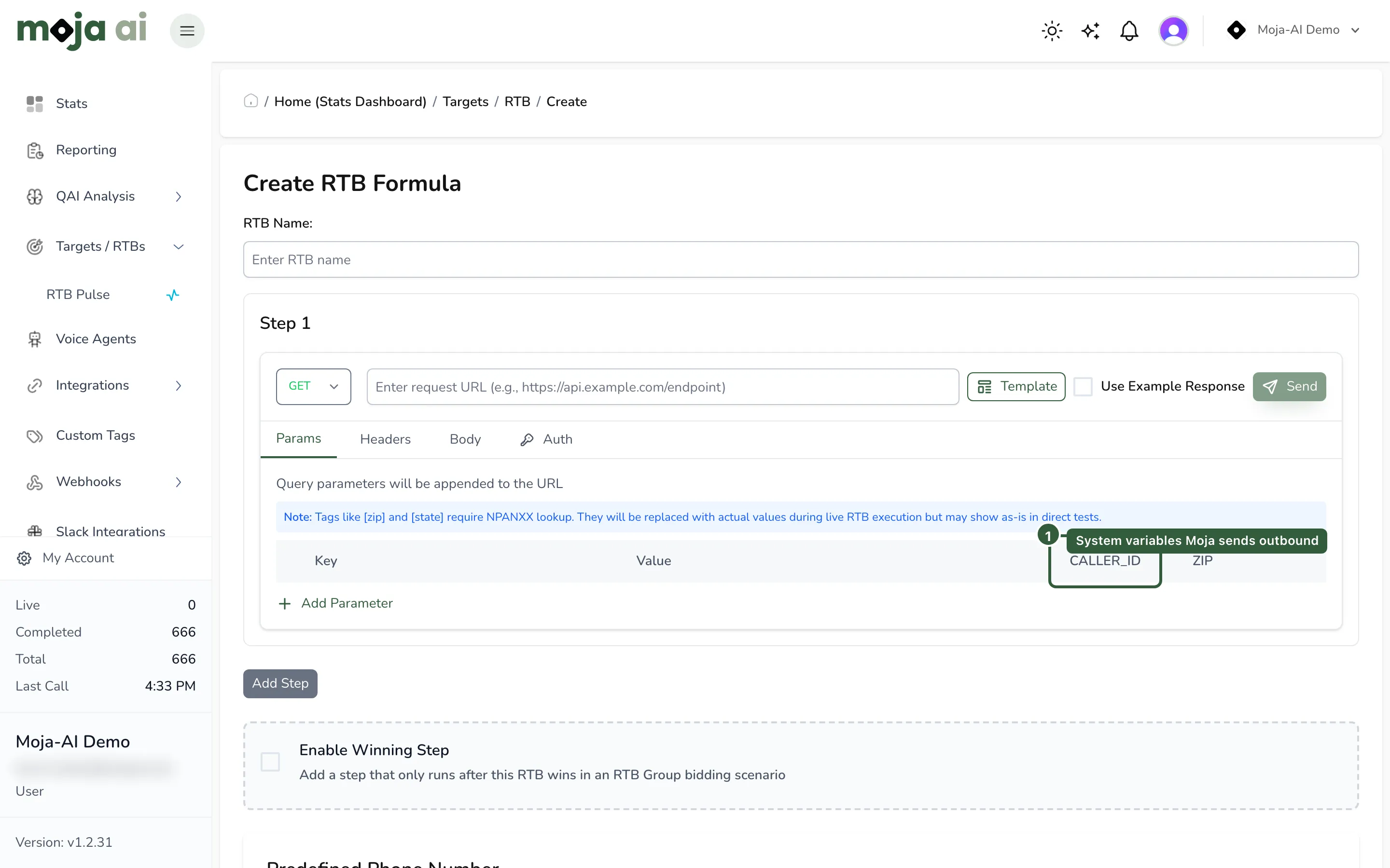Create RTB Formula step 1, with the system variables Moja sends outbound highlighted in the query parameters table